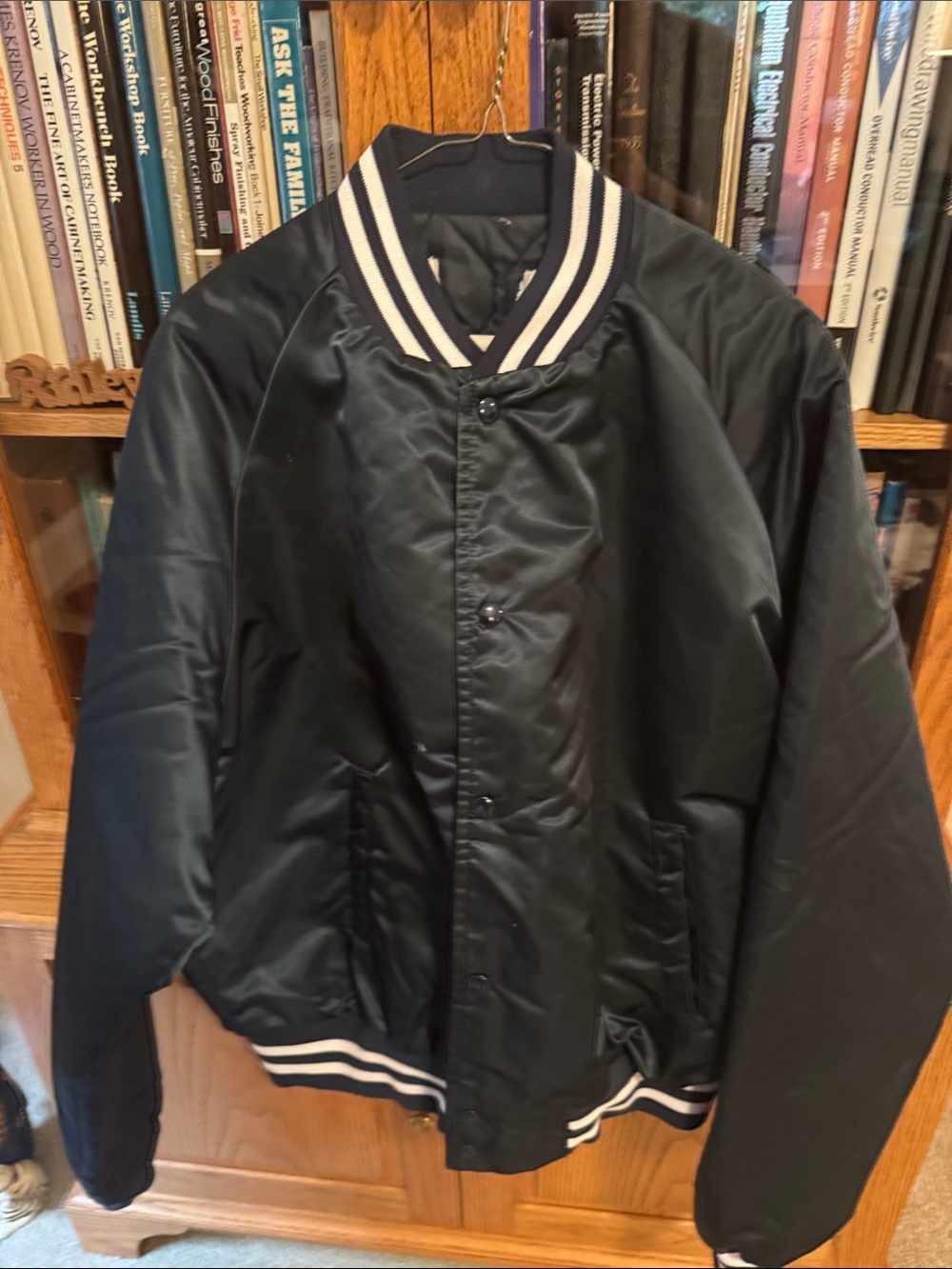 Vintage Black Satin Bomber Jacket with White-Striped Ribbing
